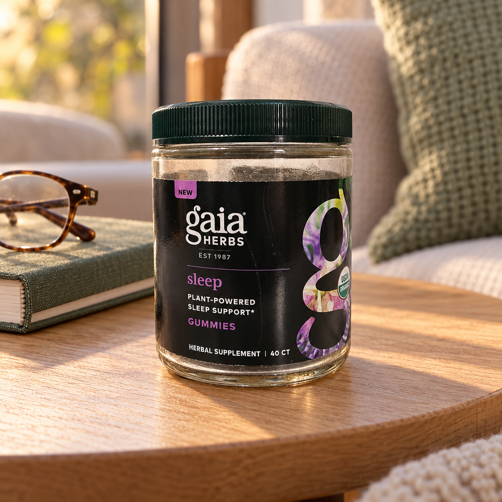 AI-generated illustrative scene of the closed Gaia Herbs Organic Sleep Gummies, 40 Count package on a living-room side table.