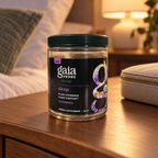 AI-generated illustrative scene of the closed Gaia Herbs Organic Sleep Gummies, 40 Count package on a dresser beside a closed travel pouch.