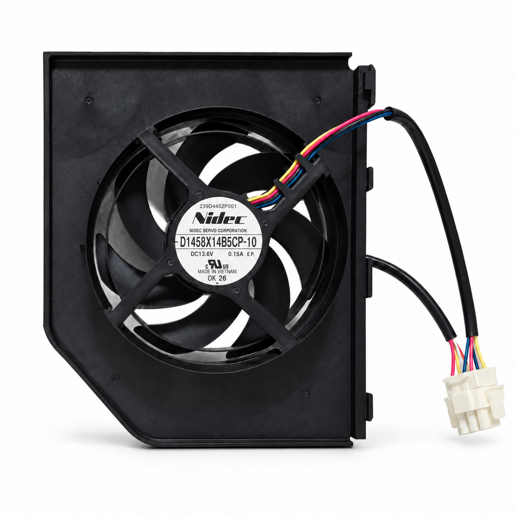 GE WR60X23363 condenser fan assembly with black housing, Nidec motor, two cable branches and connector on a white background