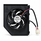 GE WR60X23363 condenser fan assembly with black housing, Nidec motor, two cable branches and connector on a white background