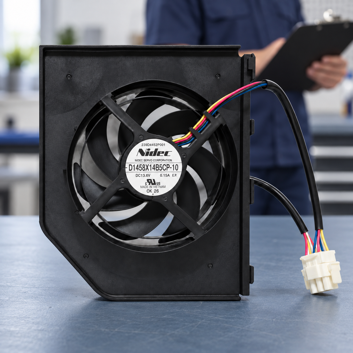 GE WR60X23363 condenser fan assembly on a technician preparation bench; illustrative setting, not an installed-product view