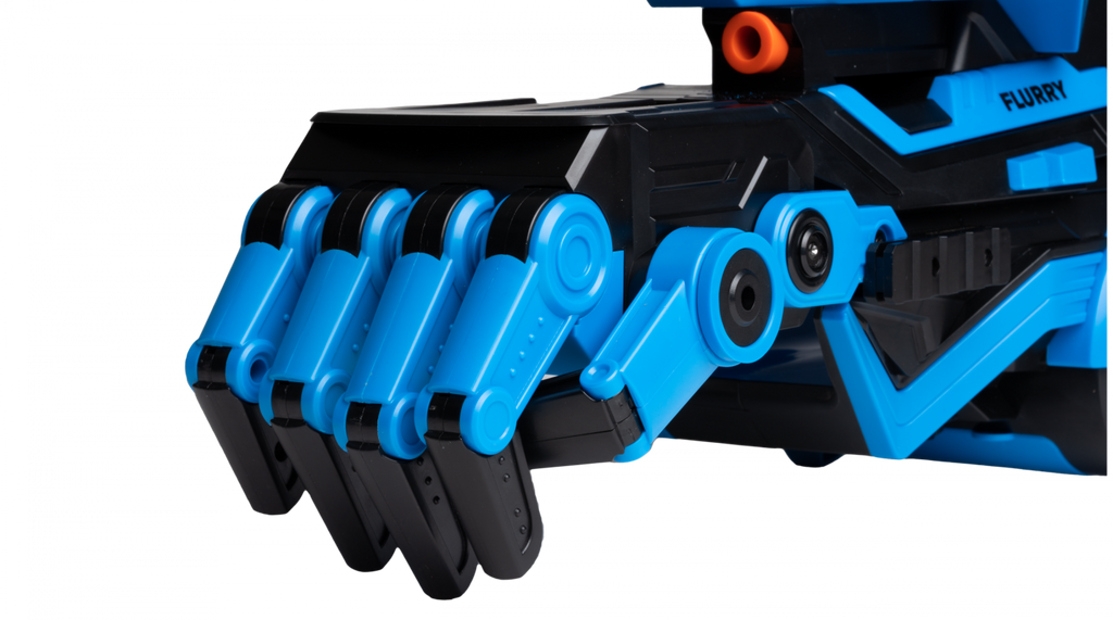 Close-up of the Gelbee Flurry Glove's articulated blue fingers and thumb below the orange muzzle.
