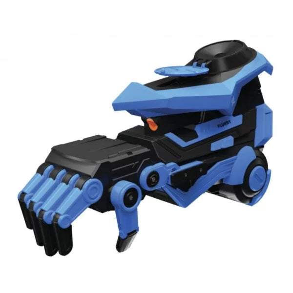 Blue and black Gelbee Flurry Glove GFGBB1 gel BB blaster with articulated fingers and an open top hopper.