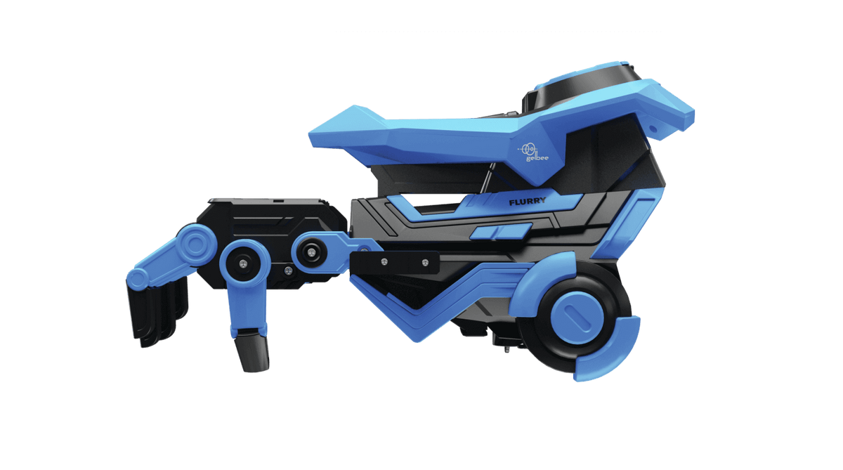 Side view of the blue and black Gelbee Flurry Glove gel BB blaster, showing its articulated hand and wrist-mounted hopper.