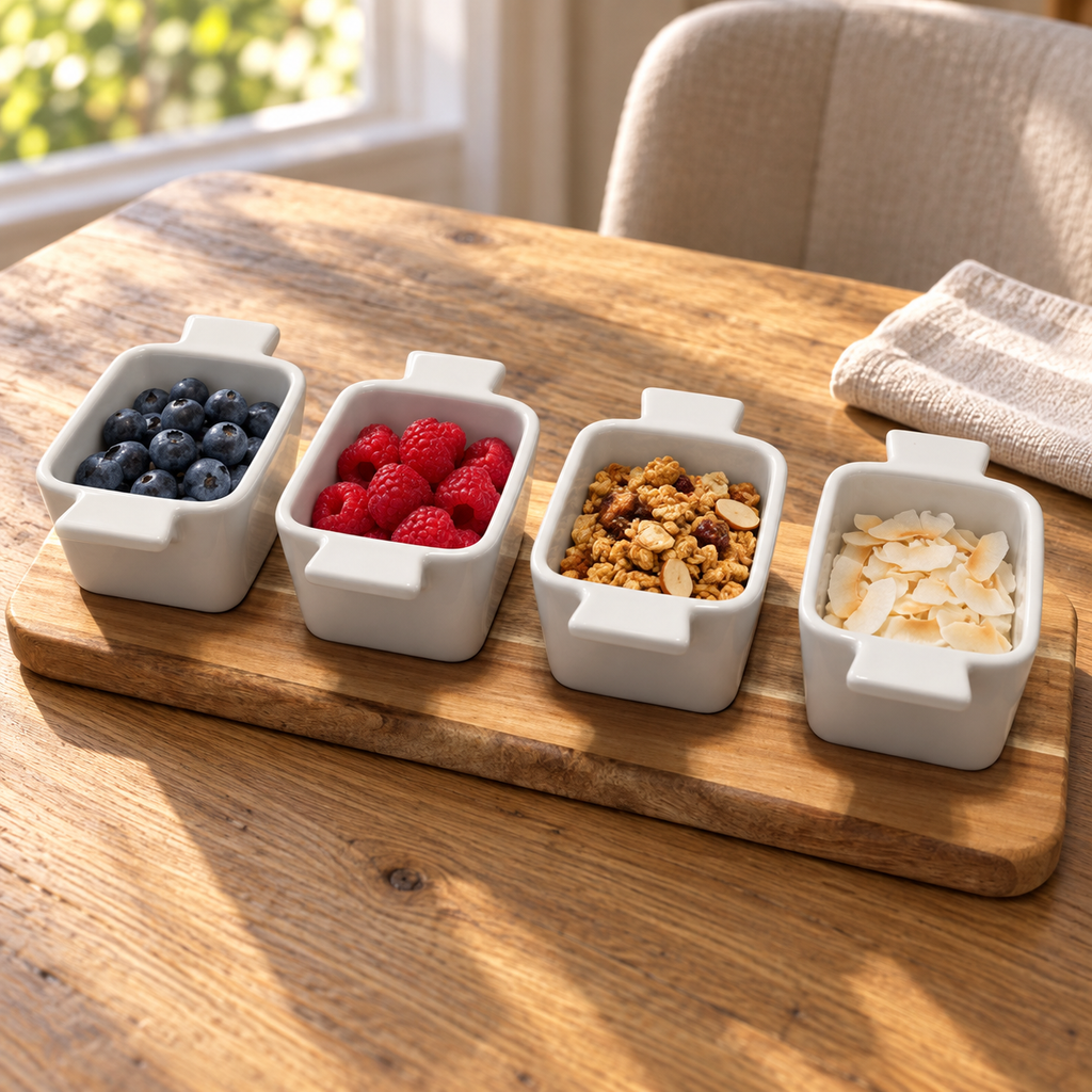 Four white handled dishes hold berries, granola and coconut on an acacia tray at a breakfast table.