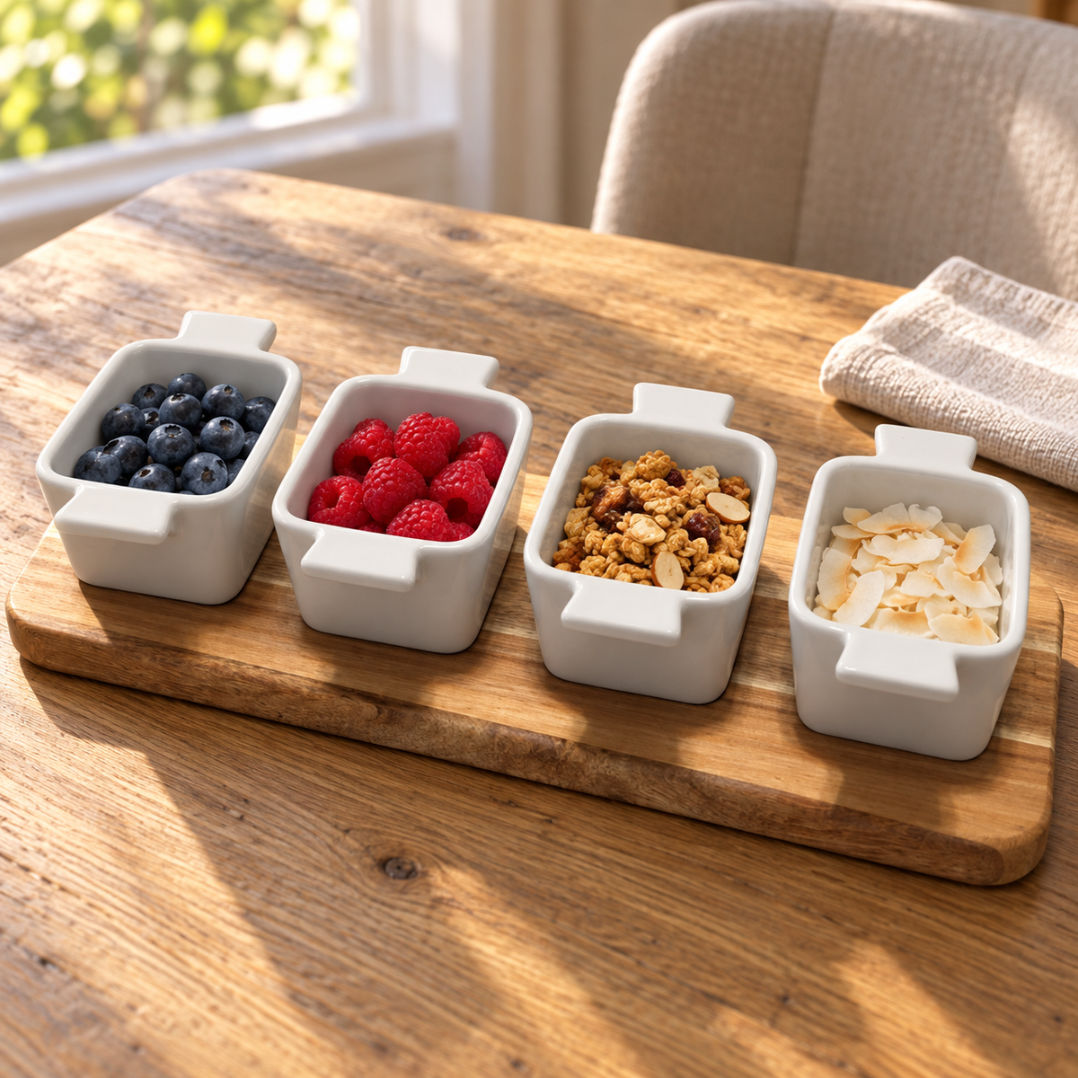 Four white handled dishes hold berries, granola and coconut on an acacia tray at a breakfast table.