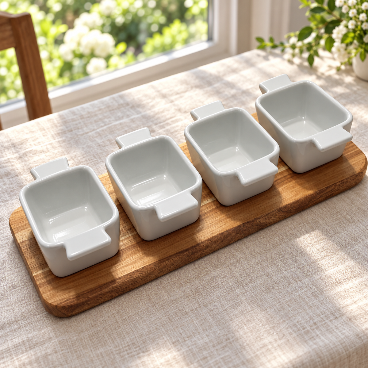 Four empty white dishes with opposing tab handles on an acacia tray, ready for serving on a linen-covered table.