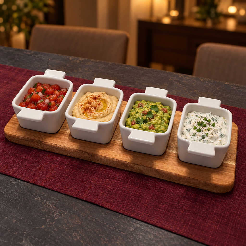 Four white handled dishes with salsa, hummus, guacamole and herb dip on an acacia tray for evening entertaining.