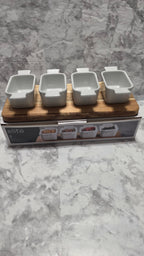 Actual Gibson Elite Gracious Dining set: four white handled ceramic dishes on an acacia wood base with original box