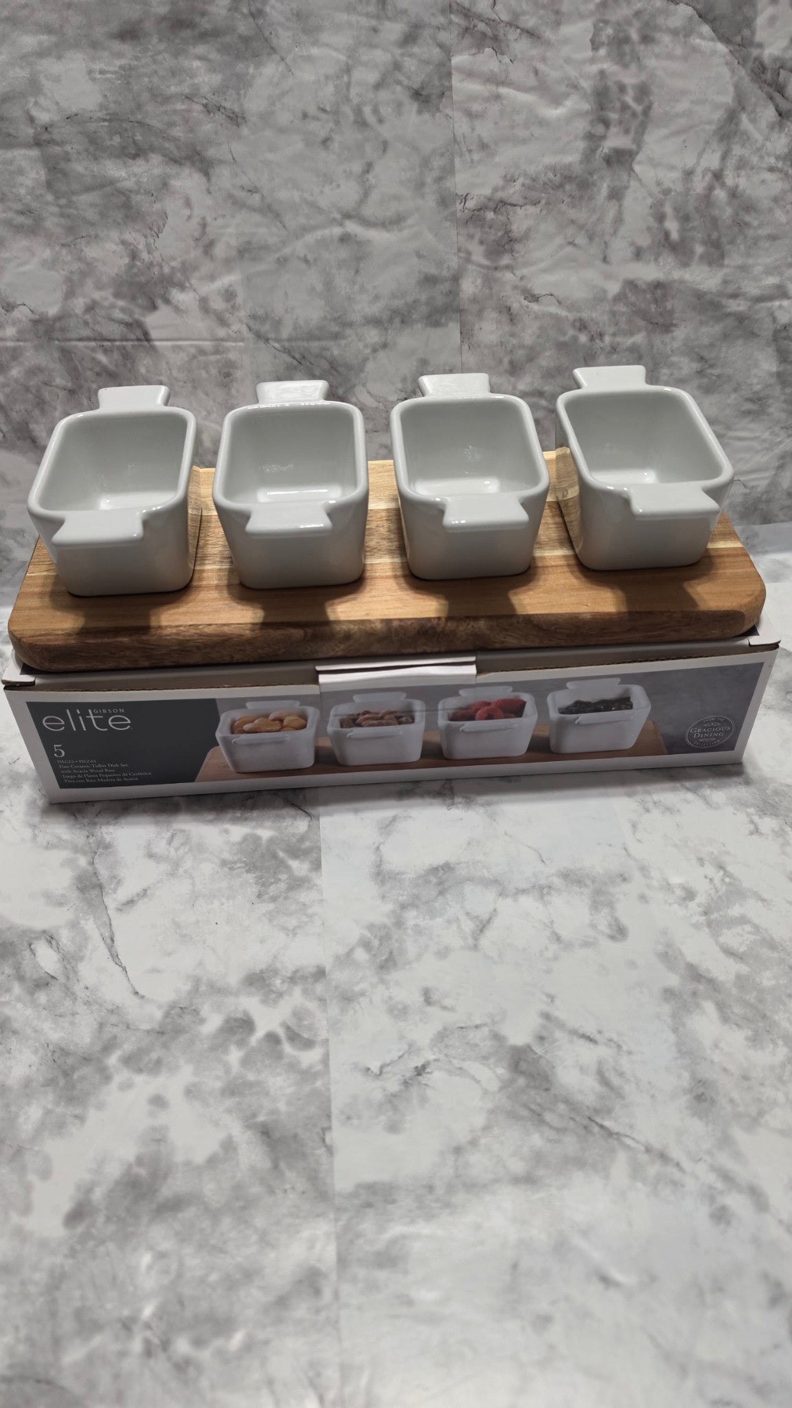 Actual Gibson Elite Gracious Dining set: four white handled ceramic dishes on an acacia wood base with original box