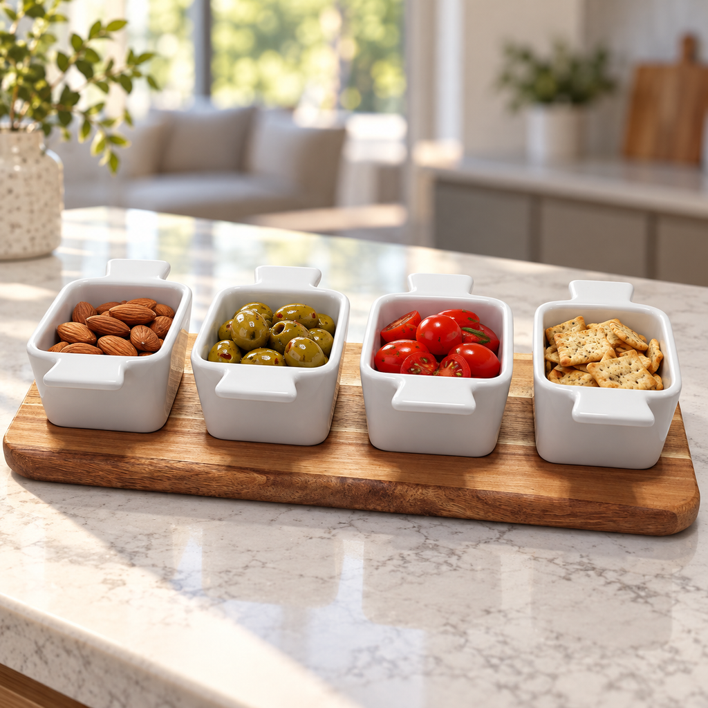 Four white handled dishes with almonds, olives, tomatoes and crackers on an acacia tray in a bright kitchen.