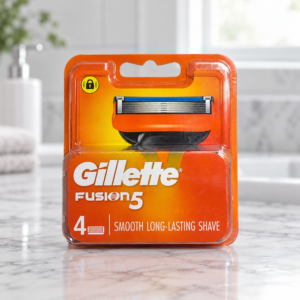 Gillette Fusion5 four-count refill pack in original orange clamshell packaging on a bathroom countertop.