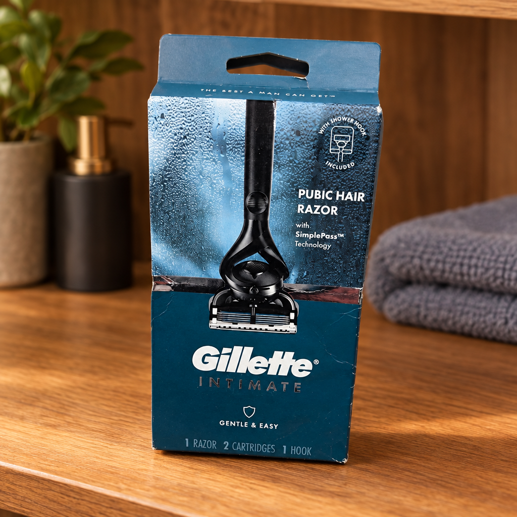 Gillette Intimate razor kit in its original blue box on a wooden vanity beside folded gray towels