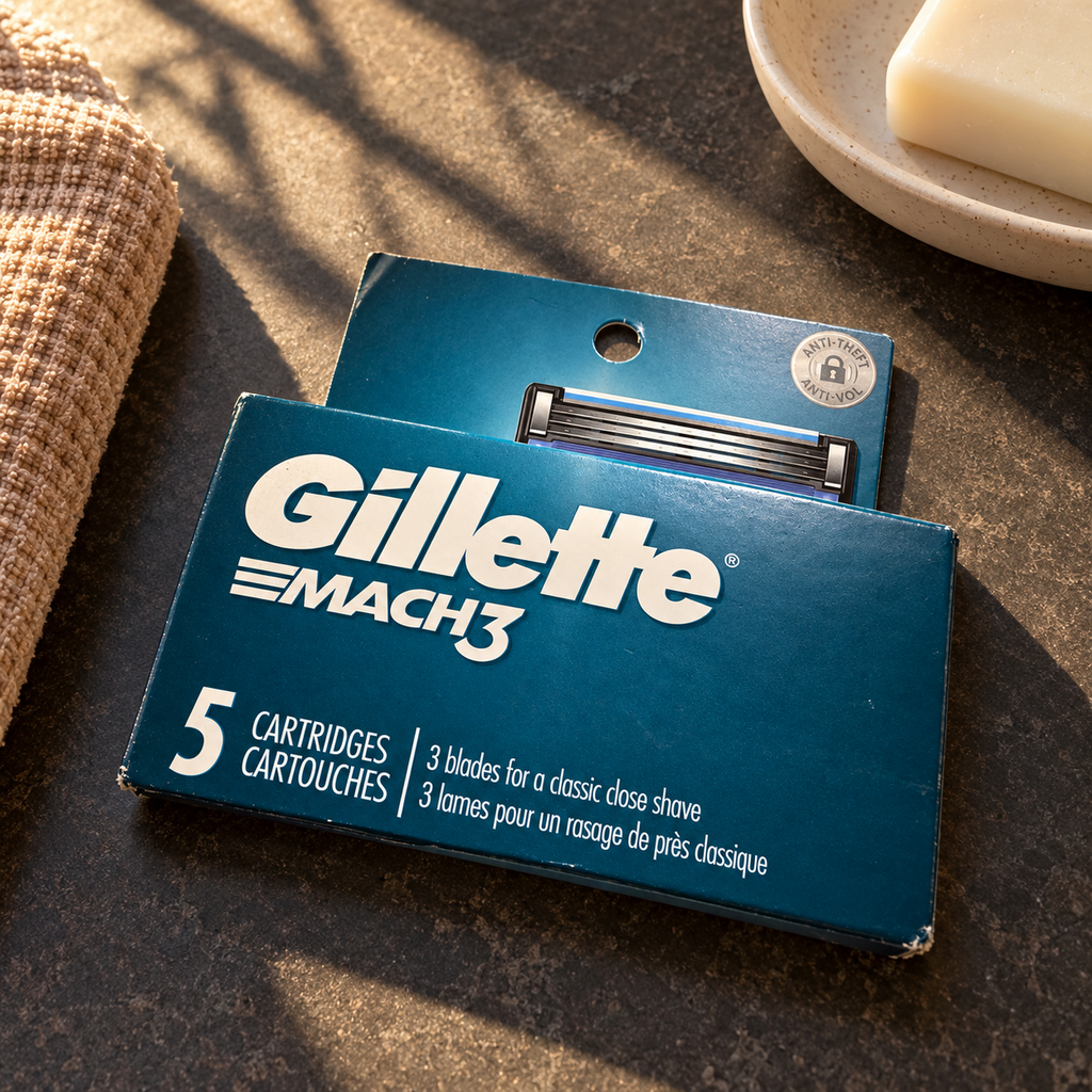 Gillette MACH3 Original 5-cartridge refill pack on a sunlit bathroom counter; styled lifestyle scene