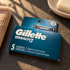 Gillette MACH3 Original 5-cartridge refill pack on a sunlit bathroom counter; styled lifestyle scene