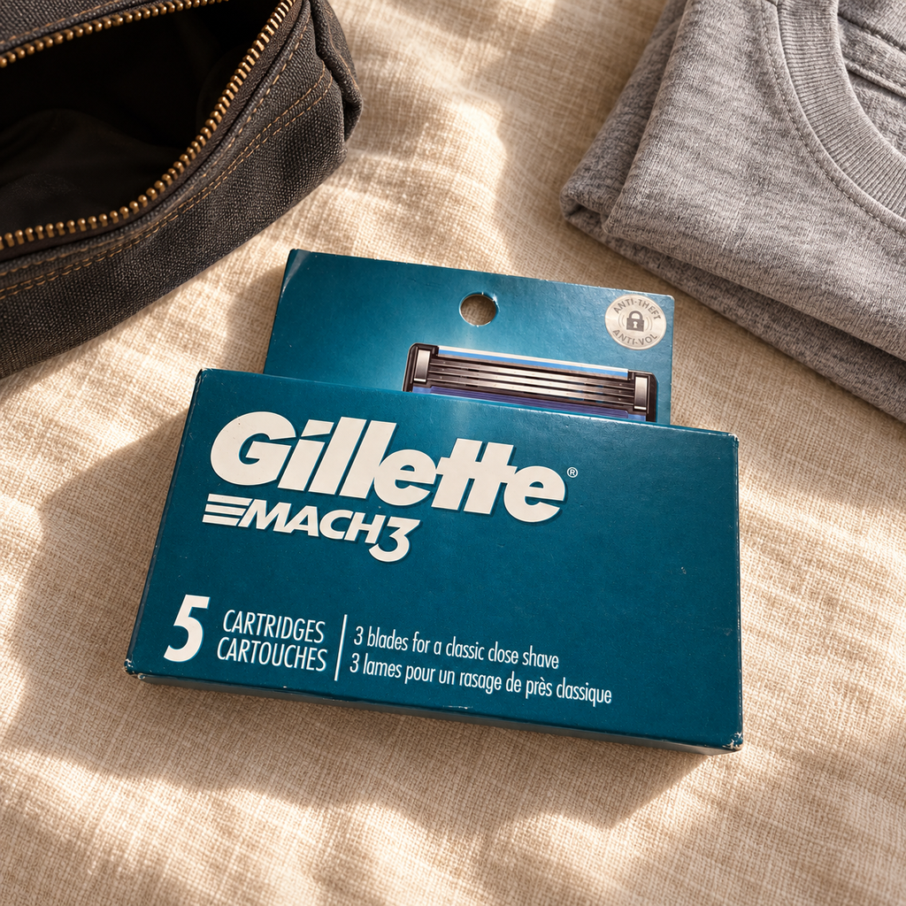 Gillette MACH3 Original 5-cartridge refill pack beside a travel toiletry bag; styled lifestyle scene