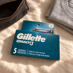 Gillette MACH3 Original 5-cartridge refill pack beside a travel toiletry bag; styled lifestyle scene