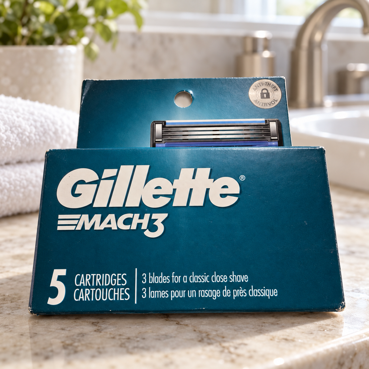 Gillette MACH3 Original 5-cartridge refill pack on a bathroom vanity; styled lifestyle scene