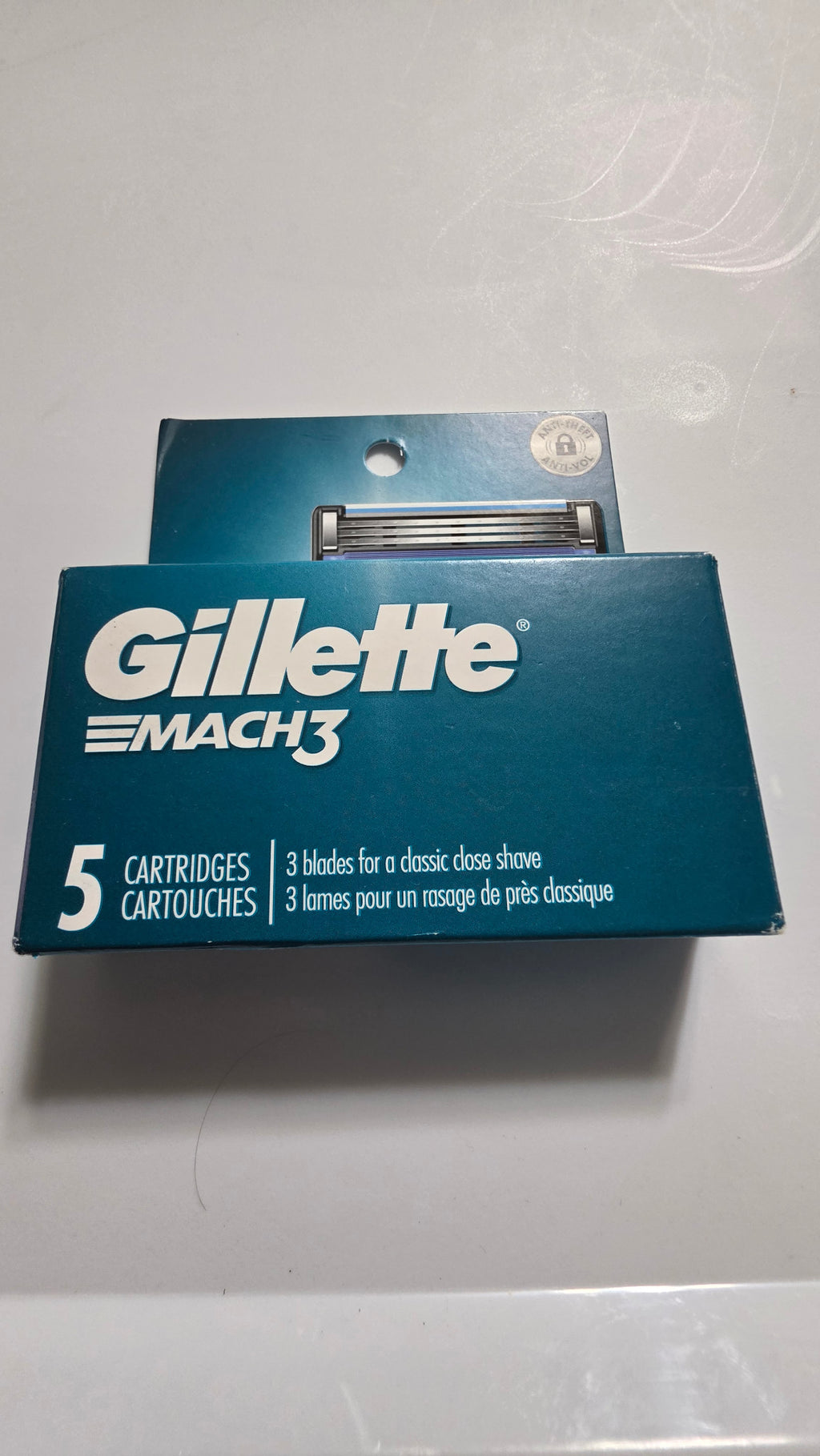 Actual front of Gillette MACH3 Original 5-cartridge refill package with minor edge wear