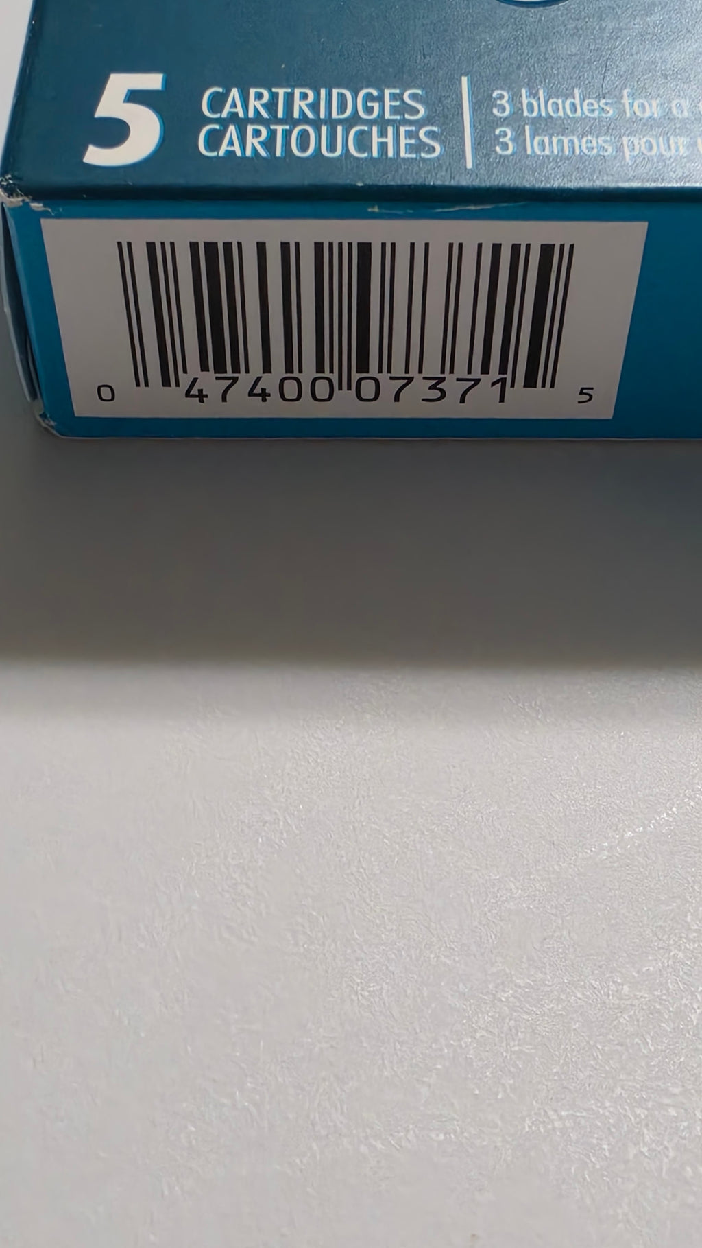 Actual Gillette MACH3 Original 5-cartridge package UPC 047400073715