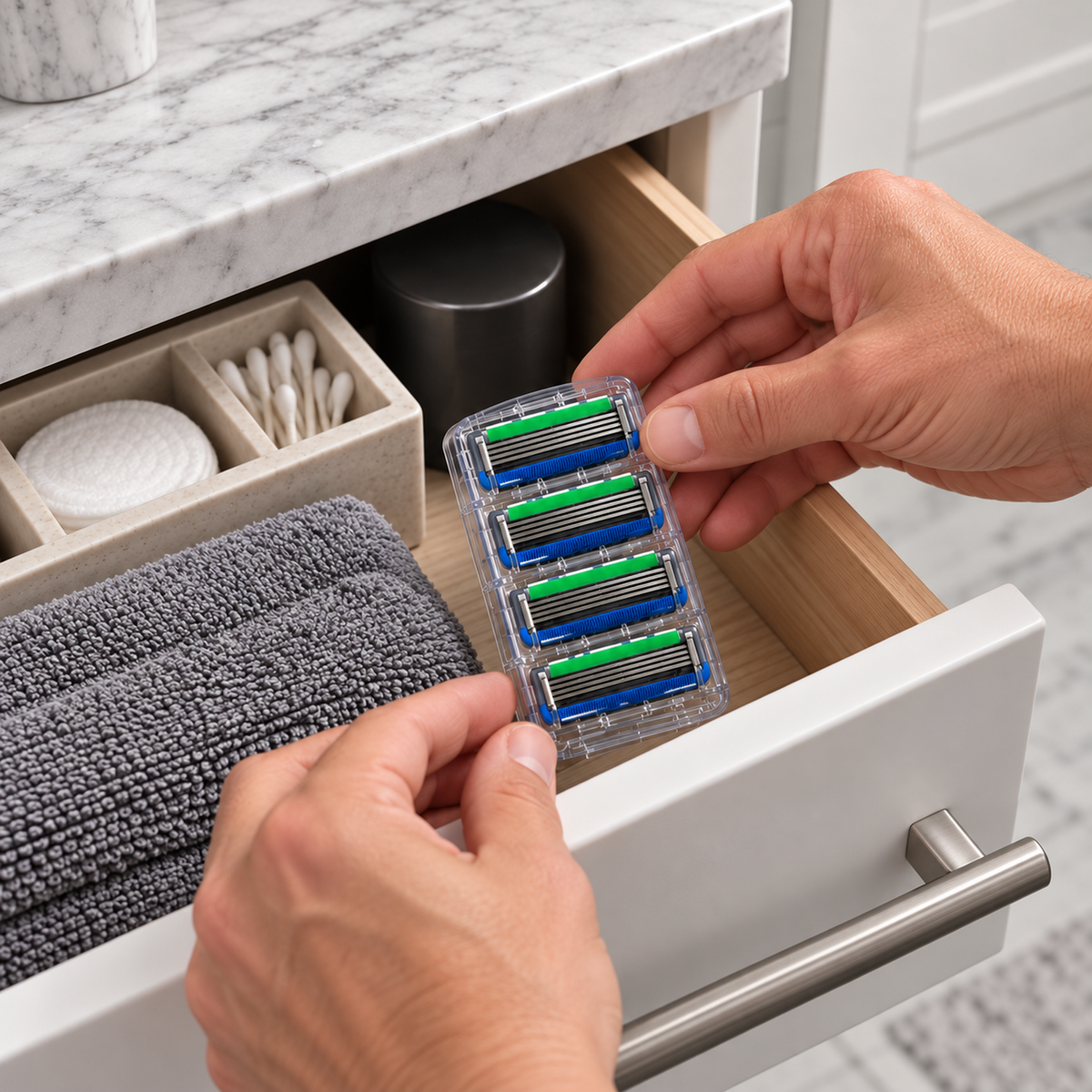 Hands putting one four-cartridge ProGlide refill tray into a bathroom drawer