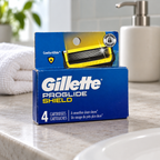 AI-generated lifestyle view of one blue Gillette ProGlide Shield 4-count refill pack on a bathroom vanity; props not included