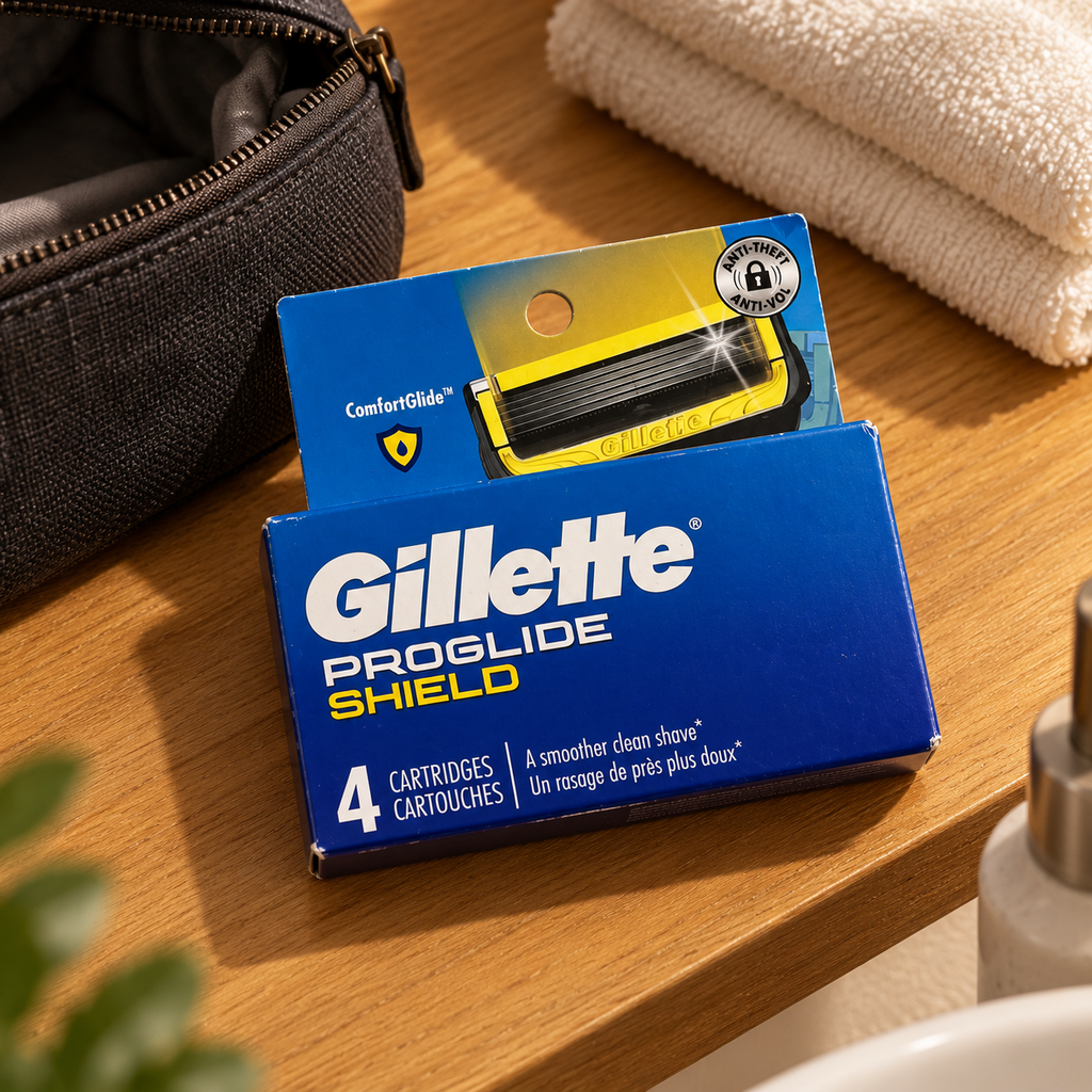 AI-generated lifestyle view of one blue Gillette ProGlide Shield 4-count pack beside a toiletry bag on wood; props not included