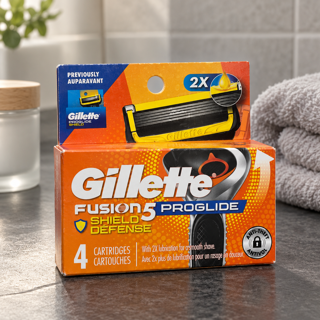 AI-generated lifestyle view of one orange Gillette Fusion5 ProGlide Shield 4-count refill pack on a slate vanity; props not included