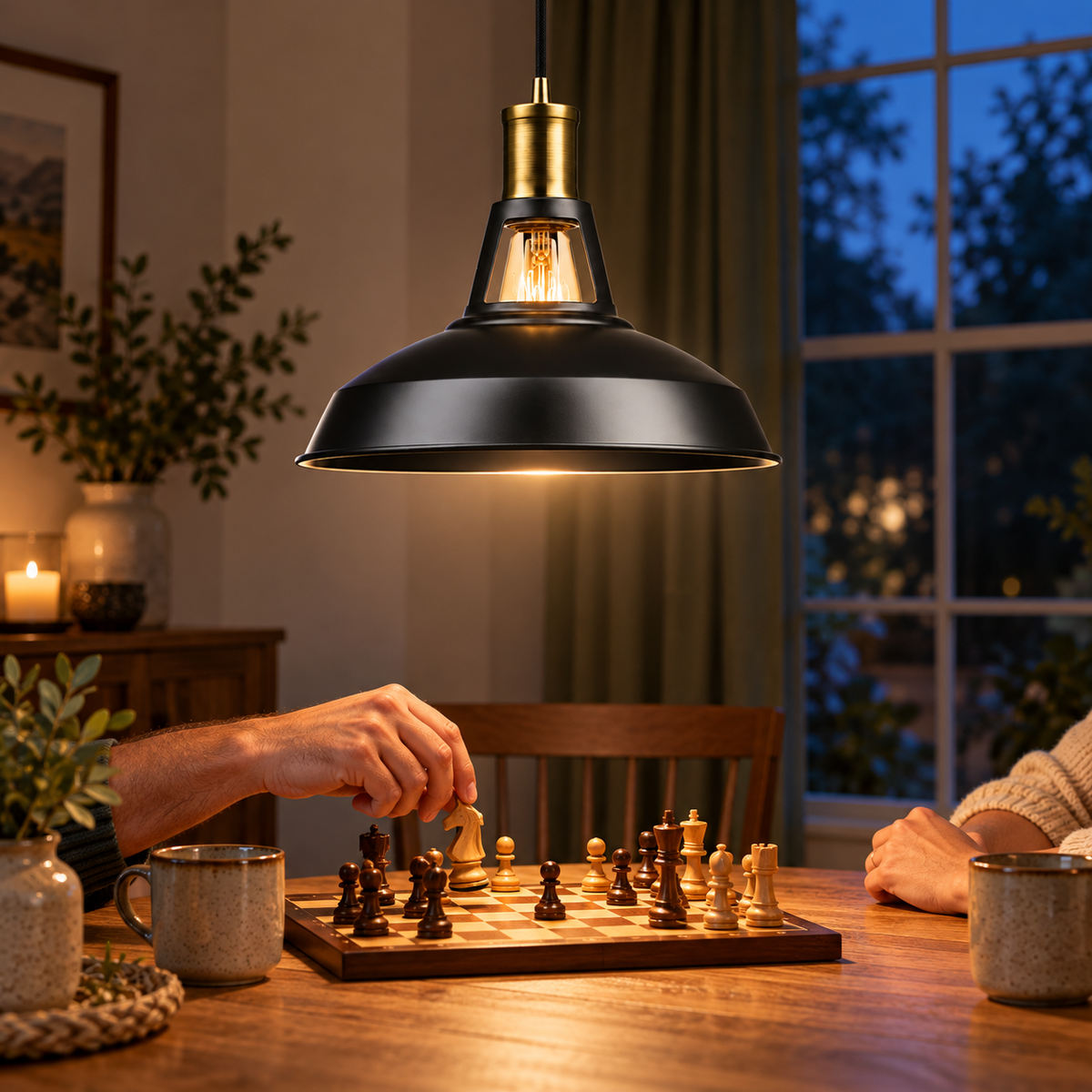 Styled Robin 65712 pendant illuminating a chess game at home; bulb sold separately
