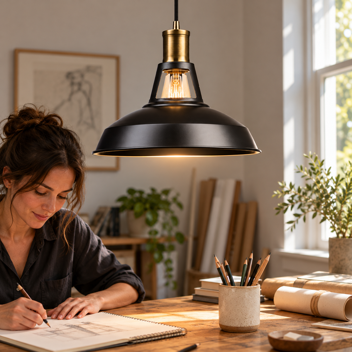 Styled Robin 65712 pendant above an adult sketching at an art table; bulb sold separately