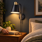 Styled Lex 51660 wall sconce lighting a nightstand as an adult sets down a book