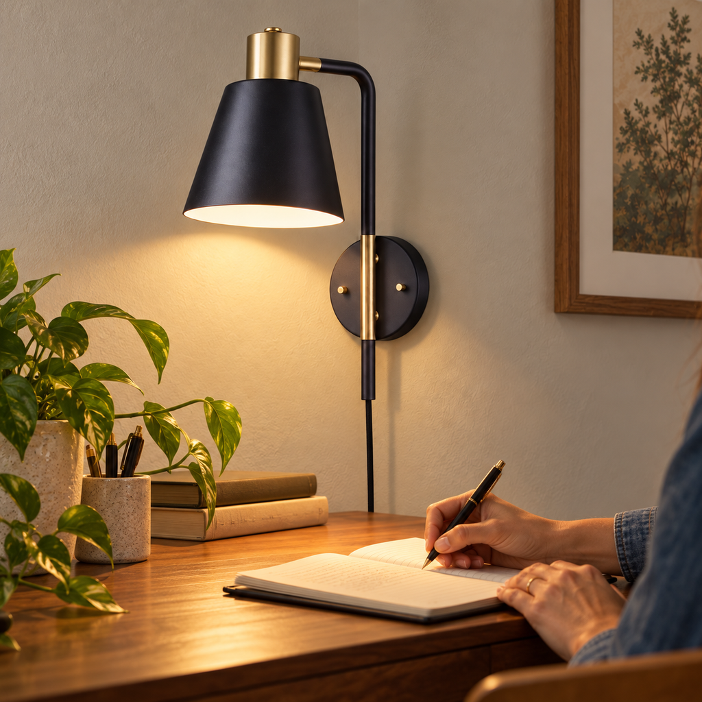 Styled Lex 51660 black-and-brass sconce illuminating journal writing at a small desk