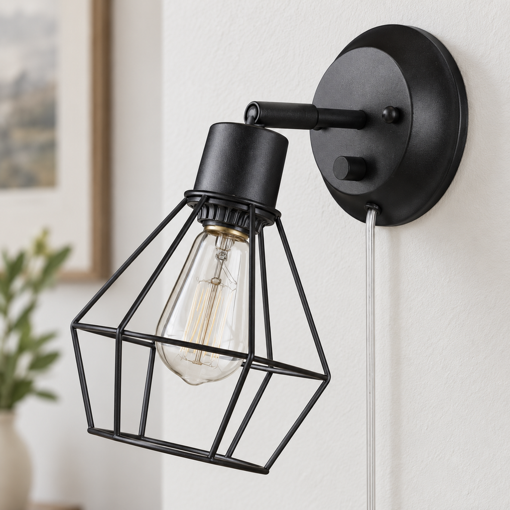 Globe Electric Evans 51790 matte-black wall sconce, unlit pivot-joint and angular cage detail in a styled interior; bulb shown not included.