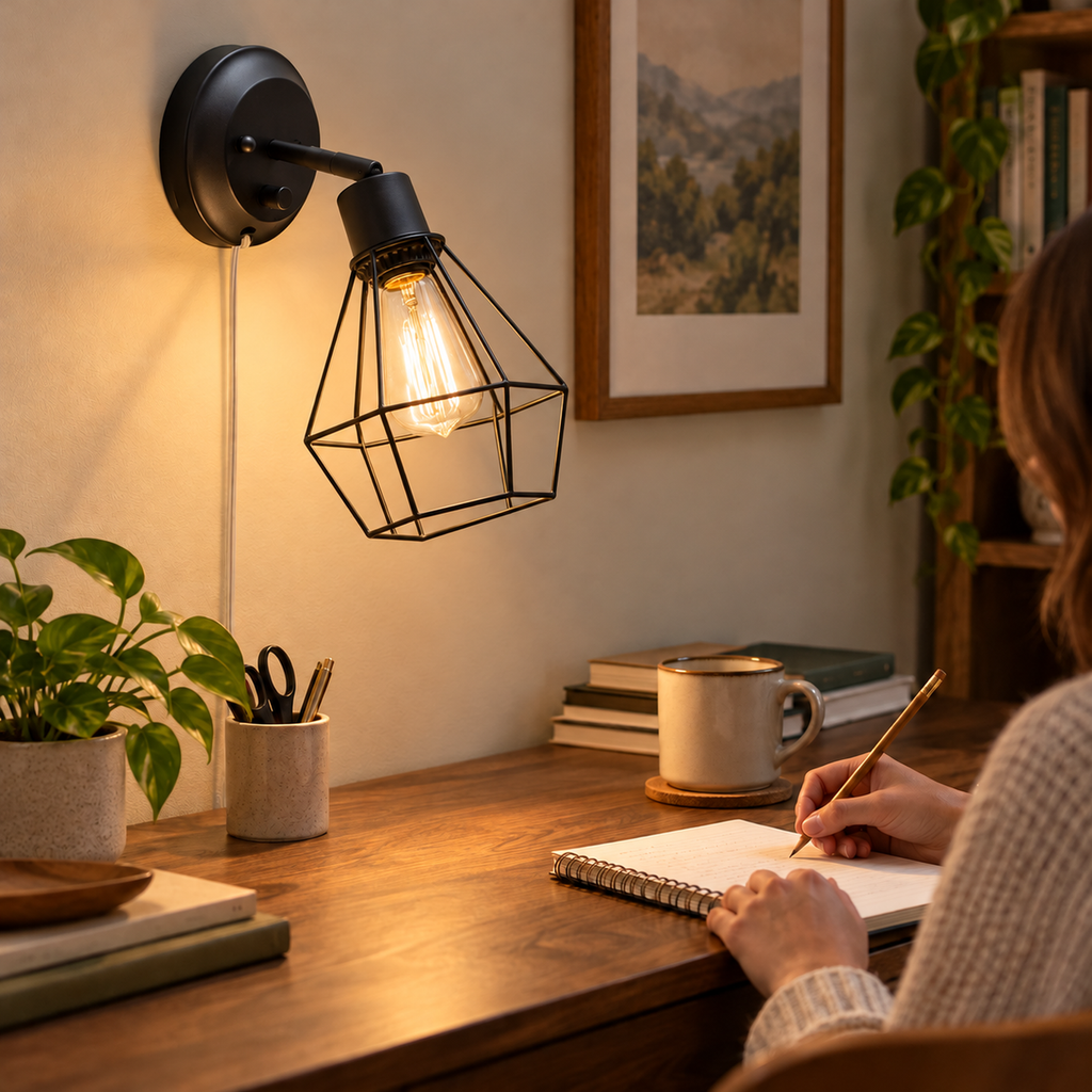 Styled Globe Electric Evans 51790 matte-black cage sconce above a writing desk; bulb sold separately