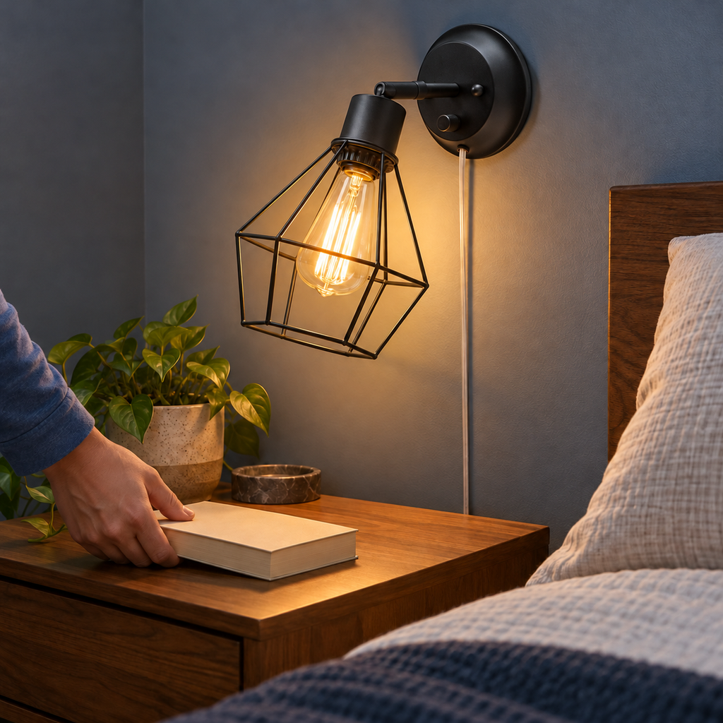 Styled Evans 51790 cage wall sconce beside a bed as a book is placed on the nightstand; bulb sold separately
