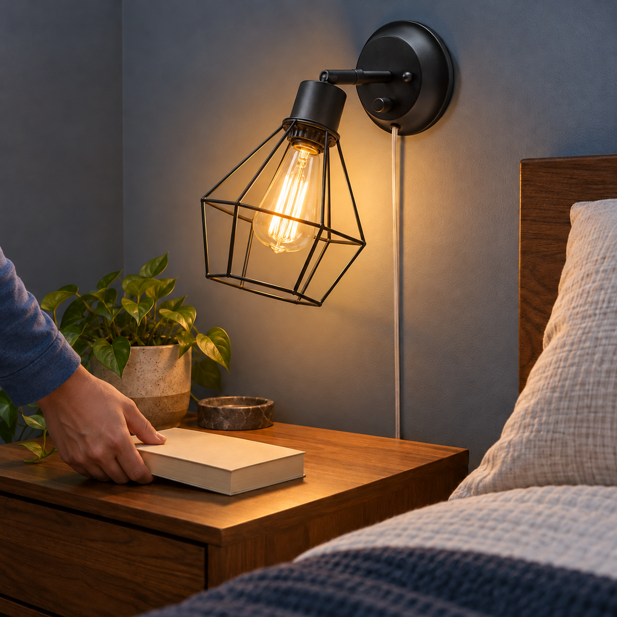 Styled Evans 51790 cage wall sconce beside a bed as a book is placed on the nightstand; bulb sold separately