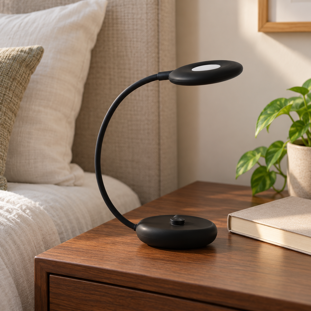 AI-generated lifestyle illustration of an unlit Globe Electric FLEXX 27049 black portable lamp on a bedside table; room props not included.
