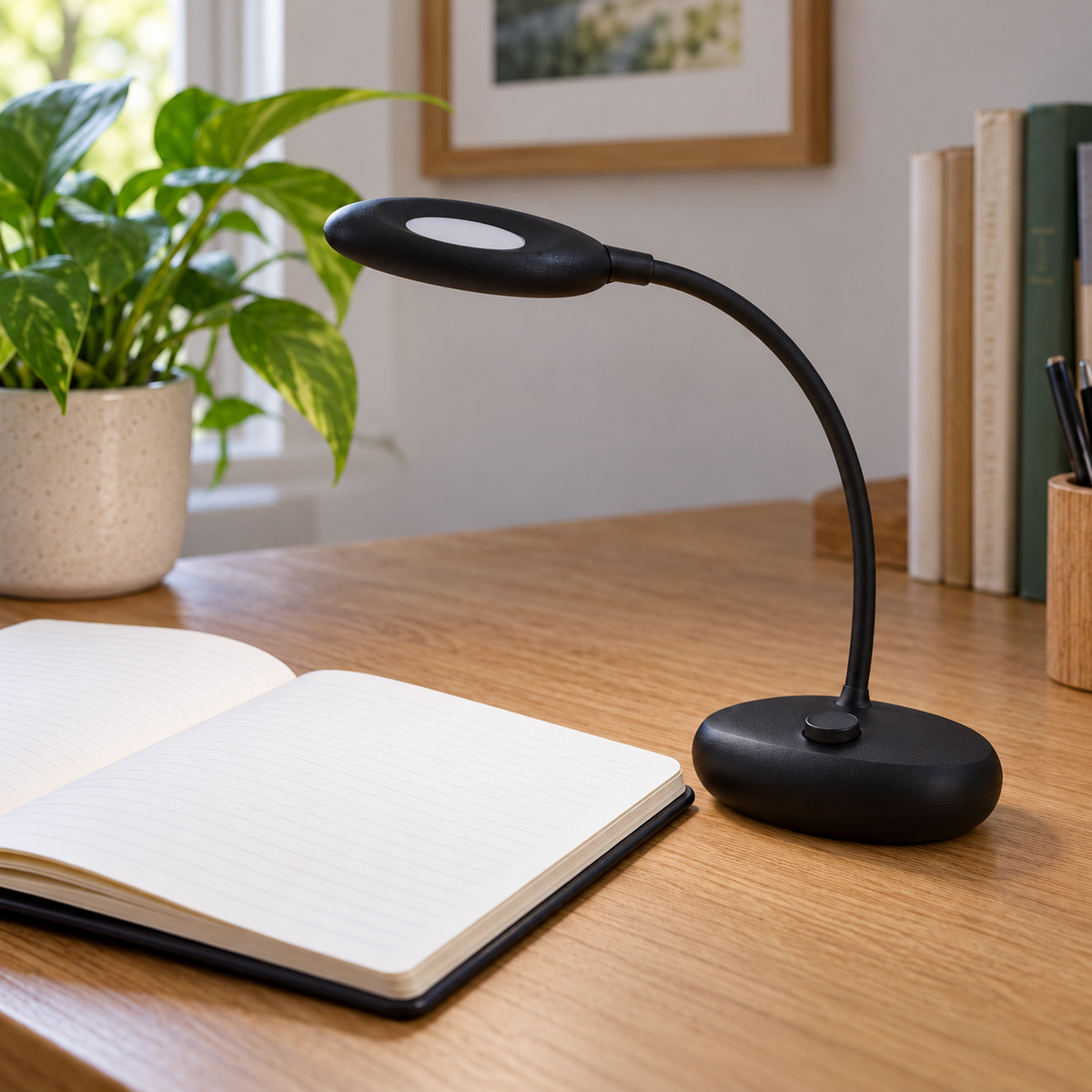 AI-generated lifestyle illustration of an unlit Globe Electric FLEXX 27049 black portable lamp on a study desk; room props not included.
