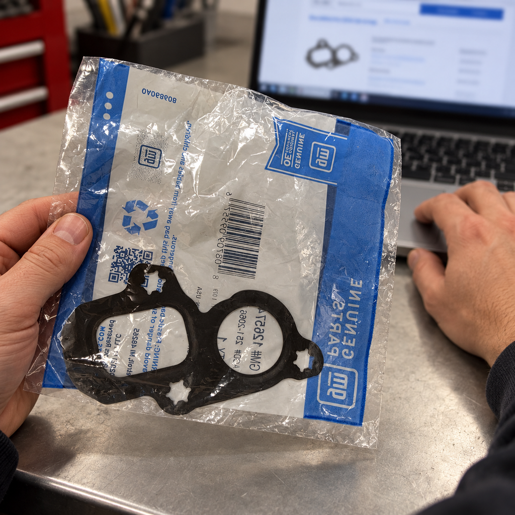 Packaged GM gasket held beside a laptop during part-number planning.