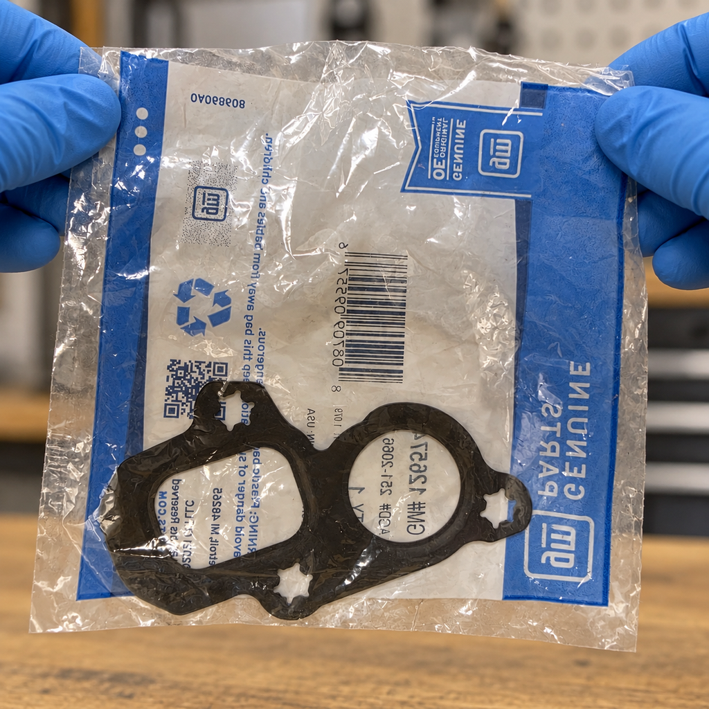 GM water-pump gasket in its original clear bag held by gloved hands for inspection.