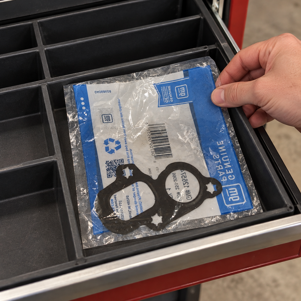 The packaged GM gasket placed flat in a garage storage drawer.