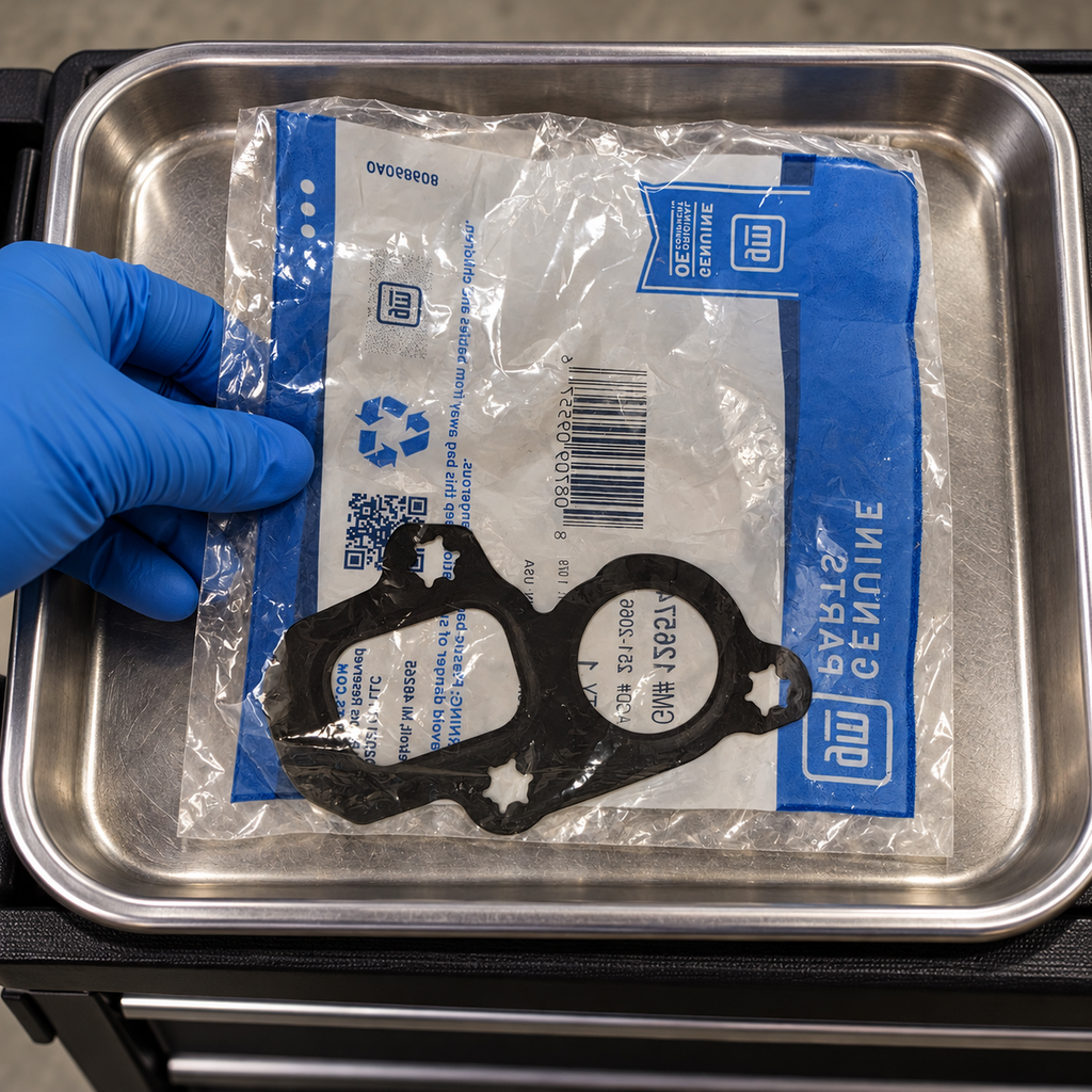 A gloved hand setting the packaged GM gasket in a clean parts tray.