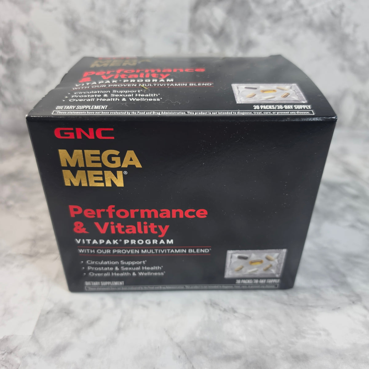 Actual inventory photo of GNC Mega Men Performance & Vitality Vitapak Program 30-pack box