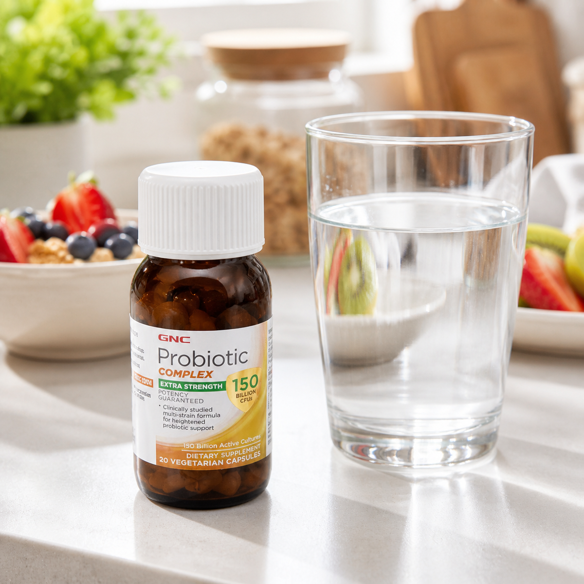 Styled breakfast lifestyle image featuring GNC Probiotic Complex Extra Strength