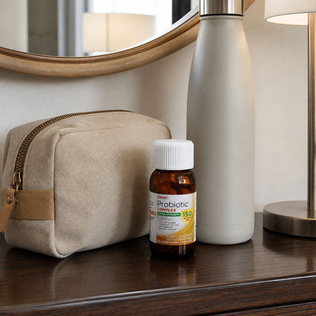 Styled travel lifestyle image featuring GNC Probiotic Complex Extra Strength bottle