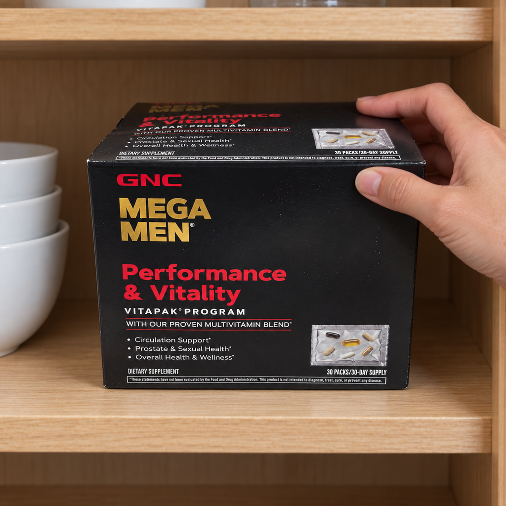 A hand placing the closed GNC Mega Men Performance & Vitality carton on a wooden cupboard shelf.