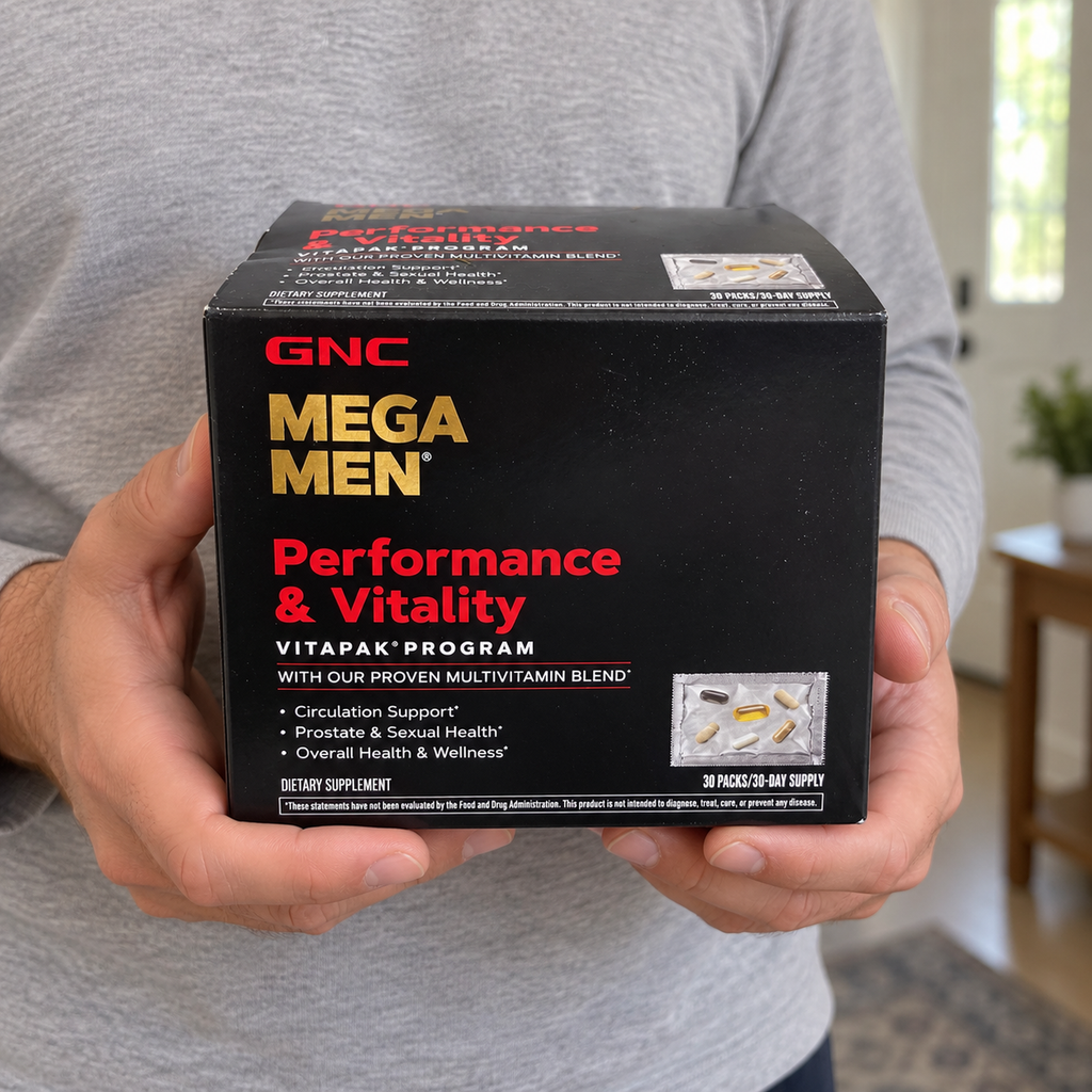 Adult hands holding the closed GNC Mega Men Performance & Vitality 30-pack carton.