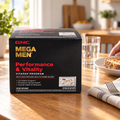 GNC Mega Men Performance & Vitality 30-pack carton beside breakfast toast and a glass of water.