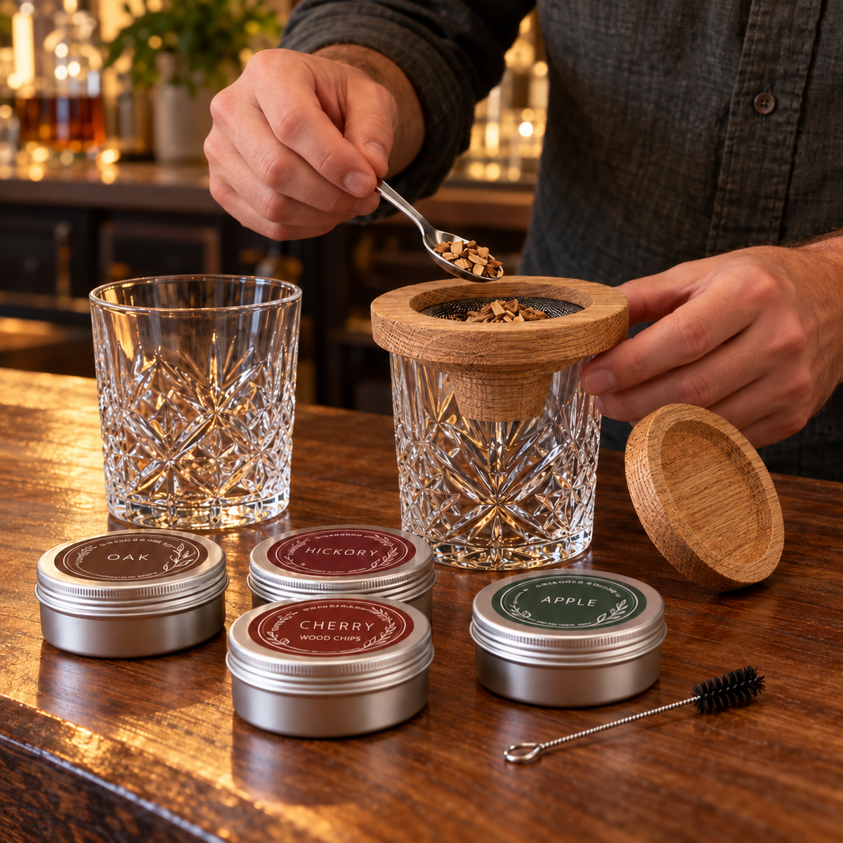Preparing wood chips in the Godinger Dublin whiskey smoker with a stainless-steel spoon