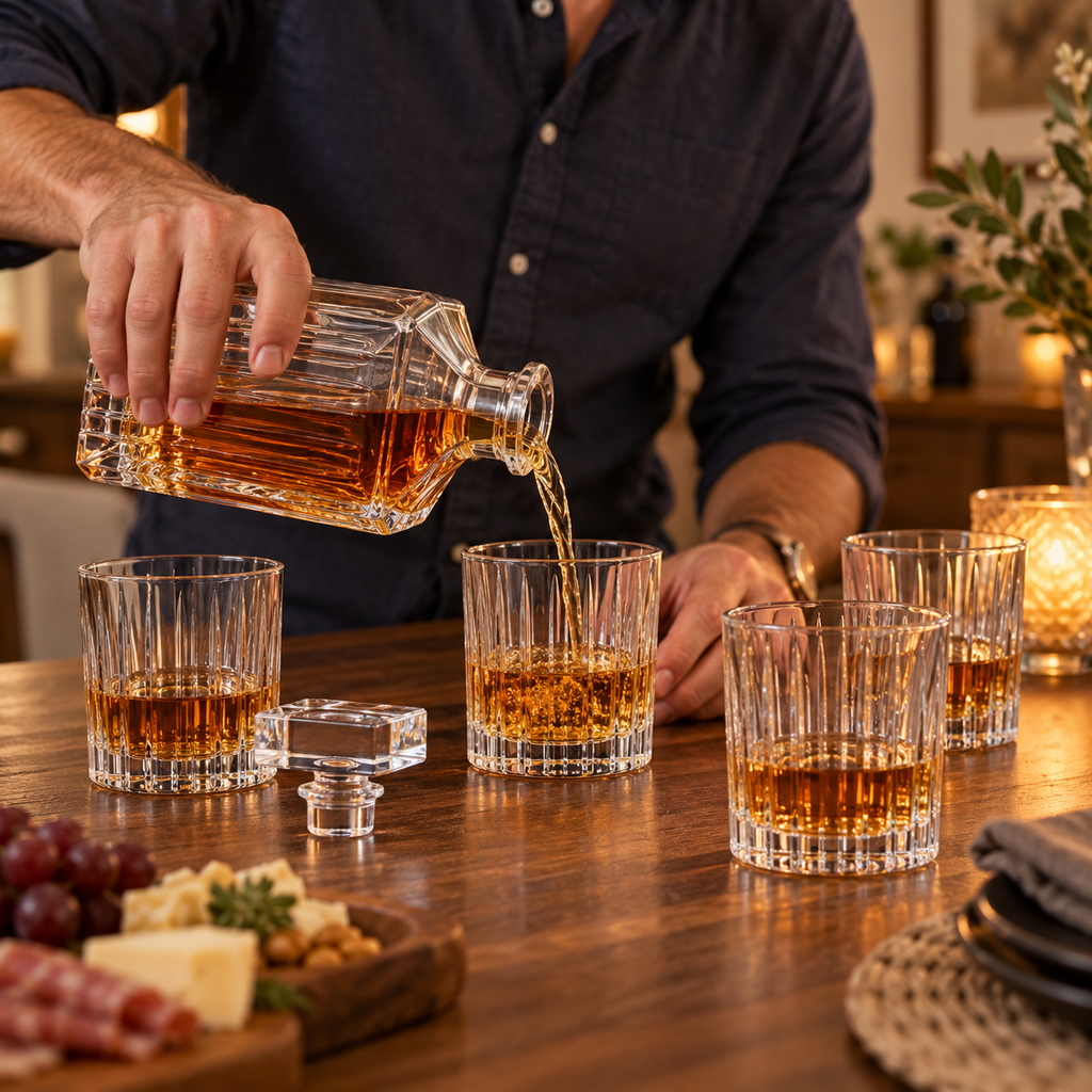 Pouring whiskey from a Godinger Ludlow decanter into one of four matching crystal glasses